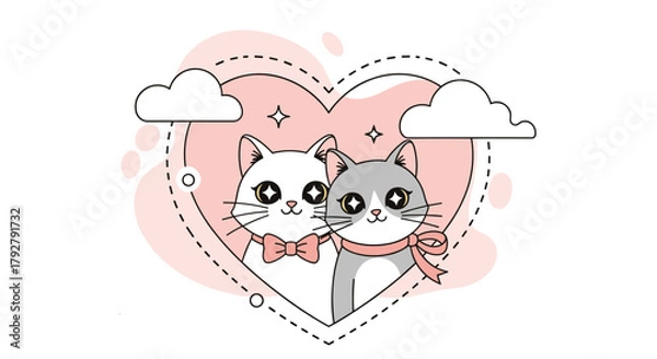 Obraz Cute cartoon cats in love within a heart shape with clouds above them.