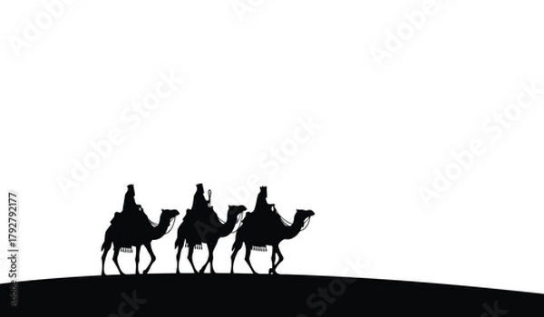 Fototapeta Vector illustration of three wise men kings riding on camels silhouette on white background