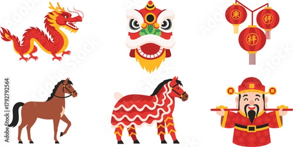 Obraz Chinese new year symbols and zodiac animals illustration