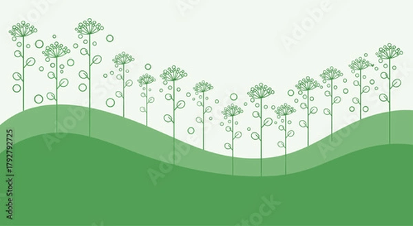 Obraz A stylized depiction of a forest with tall slender trees on rolling green hills.
