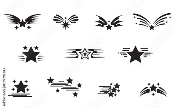 Fototapeta Dynamic Black Star Icon Set – Shooting Star, Wing, and Badge Vector Design
