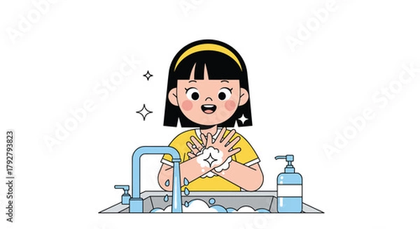 Obraz A happy girl washing her hands with soap and water in the sink with sparkles around her hands to show cleanliness.