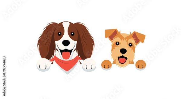 Obraz Two cute happy dogs peeking over a white surface with their paws visible.