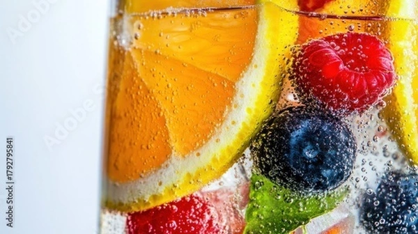 Fototapeta Close-up of a refreshing fruit infused beverage in a glass.  Slices of lemon and orange, raspberries, blueberries, and ice cubes are visible.  Bubbles from carbonation are throughout