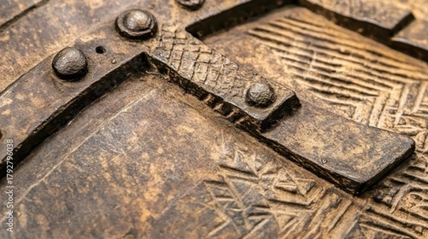 Fototapeta Close-up of a weathered, intricately carved, brown ceramic object, featuring decorative patterns and metal accents