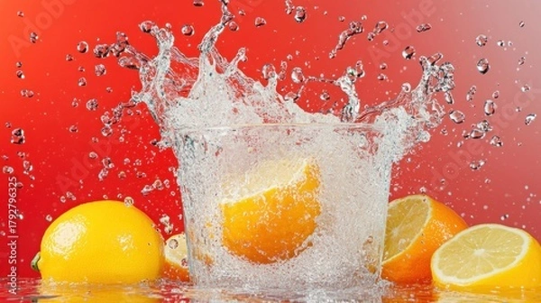 Fototapeta Splashing lemon in a glass of water