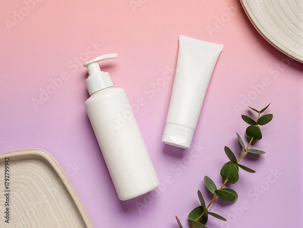 Fototapeta Flat lay cosmetic pump bottle and tube mockup sunset gradient background with vibrant colors