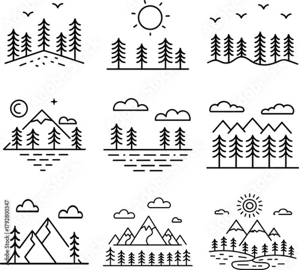 Obraz Scenic Mountain and Pine Forest Line Art Icon Pack with Sun, Clouds and Lakes