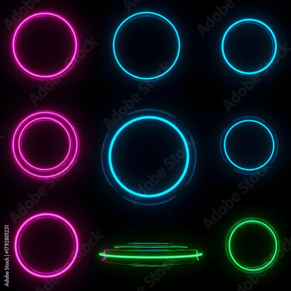 Fototapeta Neon glowing rings, futuristic circle shapes, isolated objects 