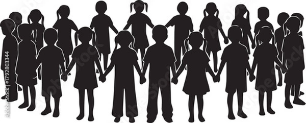 Fototapeta Diverse children silhouettes holding hands forming circle celebrating human rights day unity