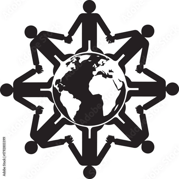 Fototapeta Global unity and human rights celebration holding hands around the earth symbol