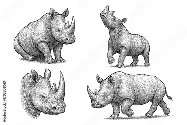 Obraz Rhinoceros sketches in detailed vintage engraving style with multiple poses, Transparent Background