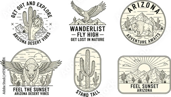 Fototapeta Illustration of vintage arizona desert vibes collection featuring cactus, eagle, and mountain designs, perfect for travel enthusiasts and nature lovers seeking adventure and inspiration