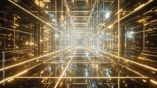 Obraz Futuristic robotic tunnels glowing AI grids