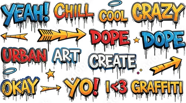 Fototapeta Illustration of graffiti elements collection of urban art design with lettering, arrows, and stars cool, crazy, dope, create, okay, and graffiti words