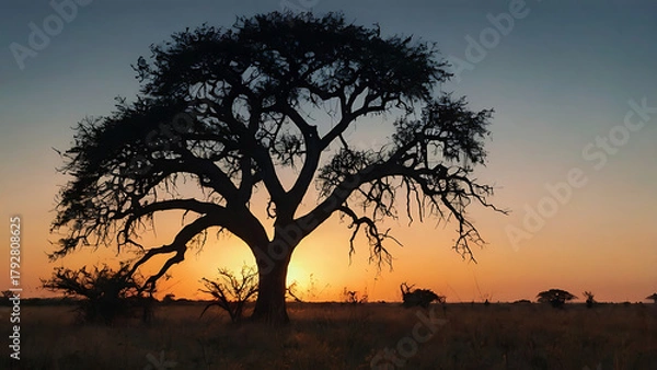 Obraz Leafless Tree Silhouette at Sunset – Serene Savanna Landscape with Vibrant Sky and Natural Beauty Elements, 32K Revolution 
