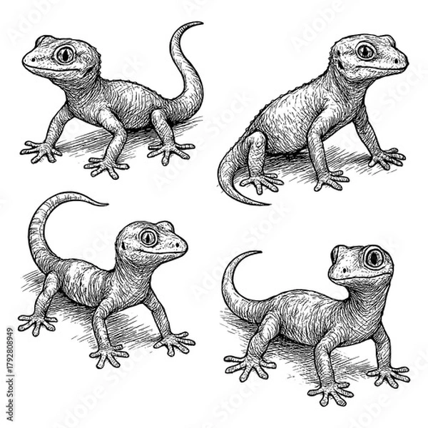 Obraz Gecko sketches in realistic vintage engraving style with multiple poses, Transparent Background