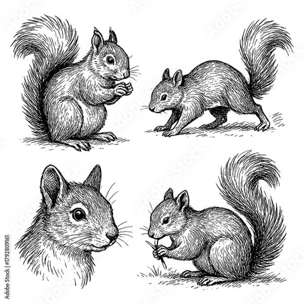 Obraz Squirrel sketches in realistic vintage engraving style with multiple poses, Transparent Background