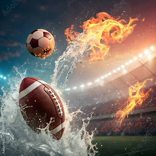 Obraz A dynamic scene featuring a football, soccer ball, water splashes, and flames in a stadium setting