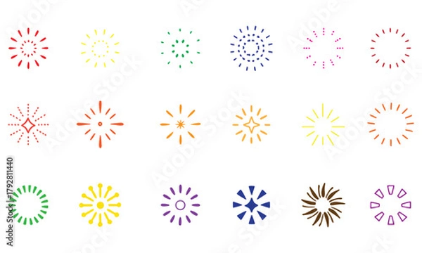 Fototapeta Colorful Fireworks and Sunburst Vector Icon Set - Flat Celebration Elements Collection