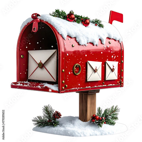 Obraz Festive Red Christmas Mailbox Decorated with Snow and Ornaments.