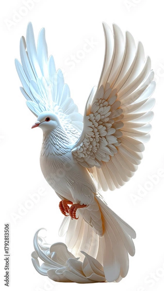 Fototapeta Elegant white dove bird with wings spread soaring gracefully.