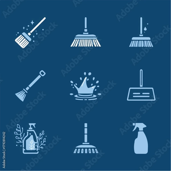 Fototapeta Cleaning service icons set with outline style, flat style cleaning icons
