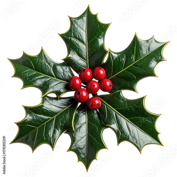 Fototapeta Vibrant green holly leaves with bright red berries close up.