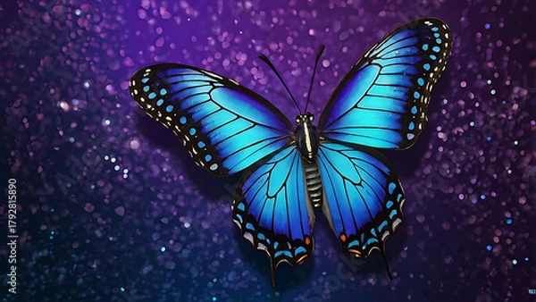 Obraz 3D image Blue Butterfly on Gemstone Surface – Elegant Nature-Inspired Art with Sparkling Purple Background and Vivid Contrast.