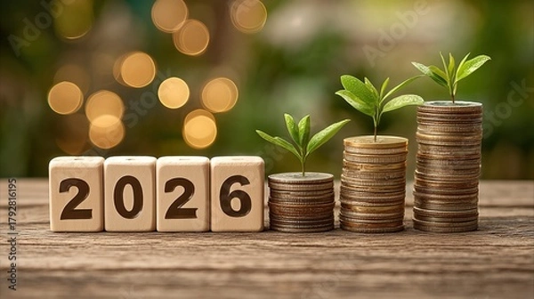 Obraz Growth of Investment in 2026 with Coins and Green Plants Representing Financial Prosperity