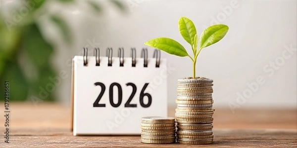 Obraz Calendar Page with Year 2026 Next to Stacked Coins and Green Sprout Symbolizing Growth