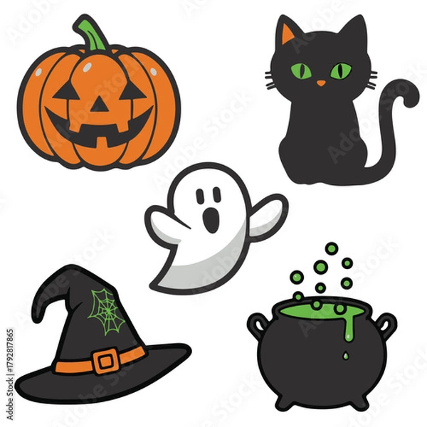 Fototapeta icon set hellowen cat, magic hat, pumpkin and frying pan flat style