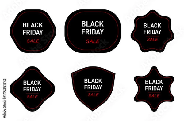 Fototapeta Black Friday sale badge collection with red outline on black shapes for discount advertising and marketing design