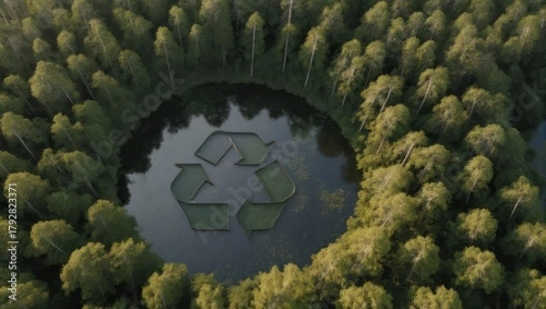 Fototapeta An aerial view shows a lake surrounded by trees with a large recycling symbol in the water