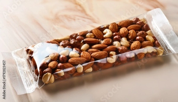 Fototapeta clear plastic wrap snack bar filled with nuts