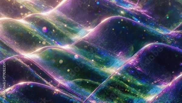 Fototapeta Abstract digital art depicts flowing, undulating curves with shimmering textures, colors and sparkles