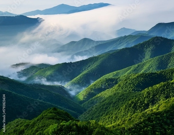 Fototapeta dreamy green mountains with layered mist
