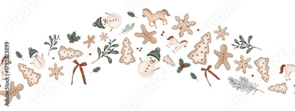 Fototapeta Horizon seamless border with hand drawn illustration horses, pine branches, fir tree, bow, holly, red berries, cookie gingerbread, snowman Frame for New year or Christmas design in muted tones