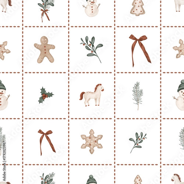 Fototapeta Christmas seamless pattern with horses, pine branches, for tree, bow. Repeat ornament with illustration holly and red berries and sweet cookie gingerbread and snowman on checkered background