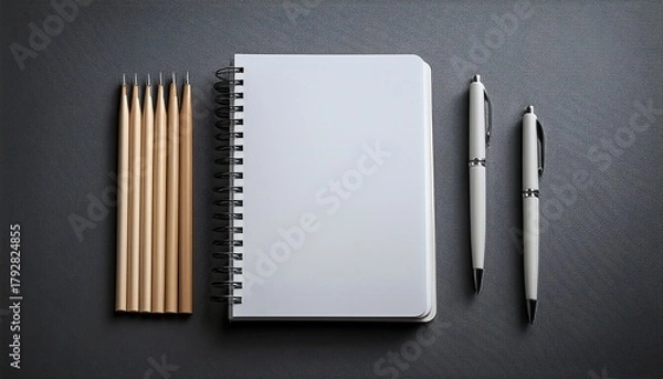 Fototapeta blank notebook and pens on gray background