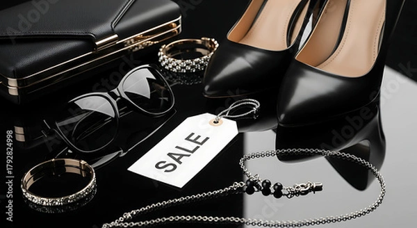 Fototapeta Elegant black high heels and accessories are displayed with a sale tag on a reflective surface.