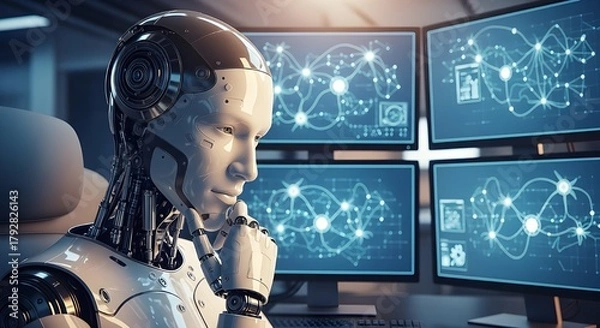 Fototapeta A humanoid robot interacting with several futuristic computer monitors displaying digital interfaces, representing artificial intelligence, data processing, and advanced technology.