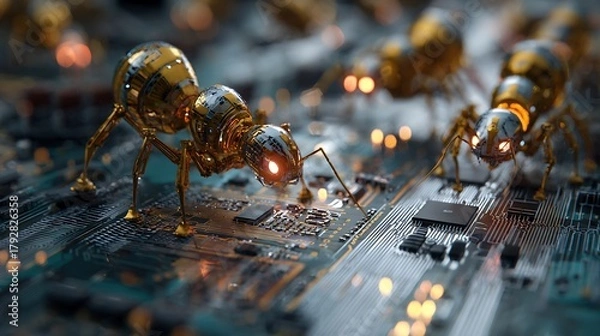 Obraz Swarm of nano robots repairing circuit board futuristic technology microscopic detail