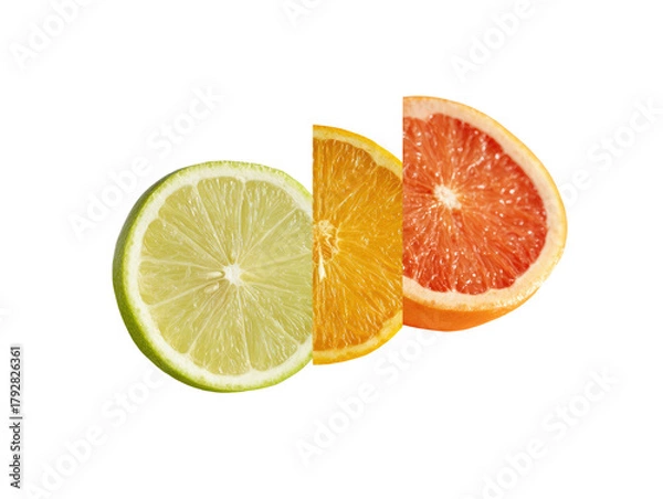 Obraz Close-up of three citrus fruit slices.  Lime, orange, and grapefruit segments are displayed.  Bright colors.  Fresh.  Healthy