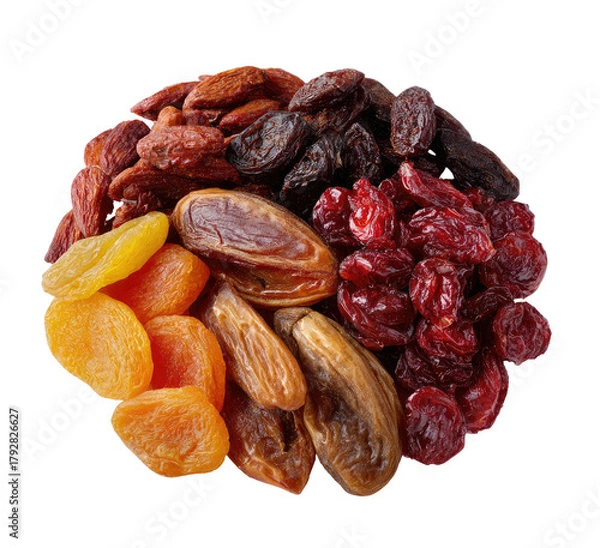 Obraz Assorted dried fruits and nuts. A top-down view of a mix of dried fruits and nuts, including apricots, dates, raisins, cranberries, and possibly almonds or other nuts.  