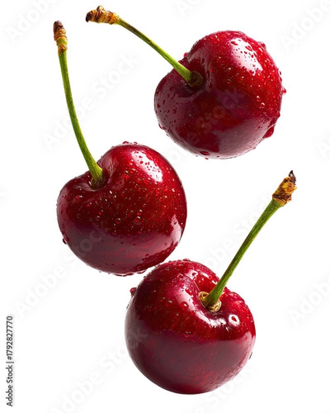Obraz Three glistening cherries, vibrant red, in mid-air