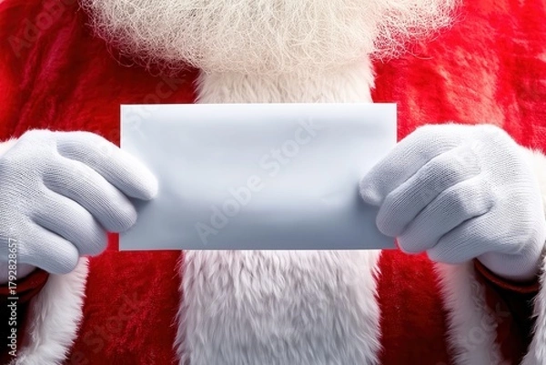 Obraz Santa holding a blank Christmas envelope in white gloves
