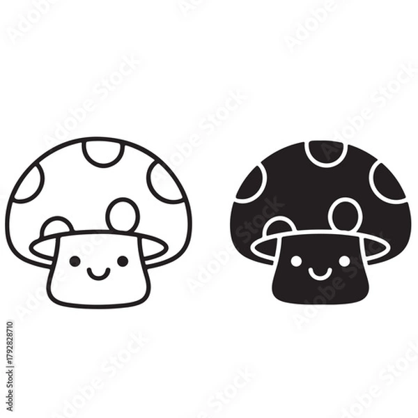 Fototapeta Cute Kawaii Mushroom Characters, Line Art and Silhouette