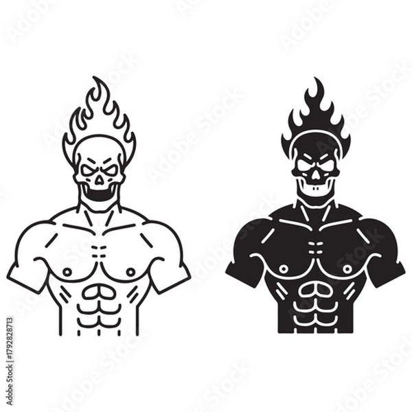 Fototapeta Muscular Skeleton with Flames on Head - Black and White