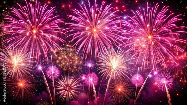 Obraz Vibrant pink and purple fireworks explode in a dazzling night sky